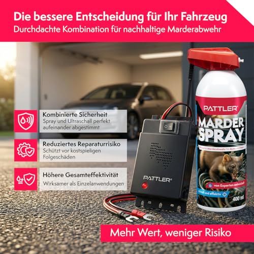 PATTLER Marderabwehr Set – Marderschreck Auto Ultraschall und Marderspray Auto 400ml. Marderschutz für Motorraum und Garage. Kombination zur Marderabwehr Auto