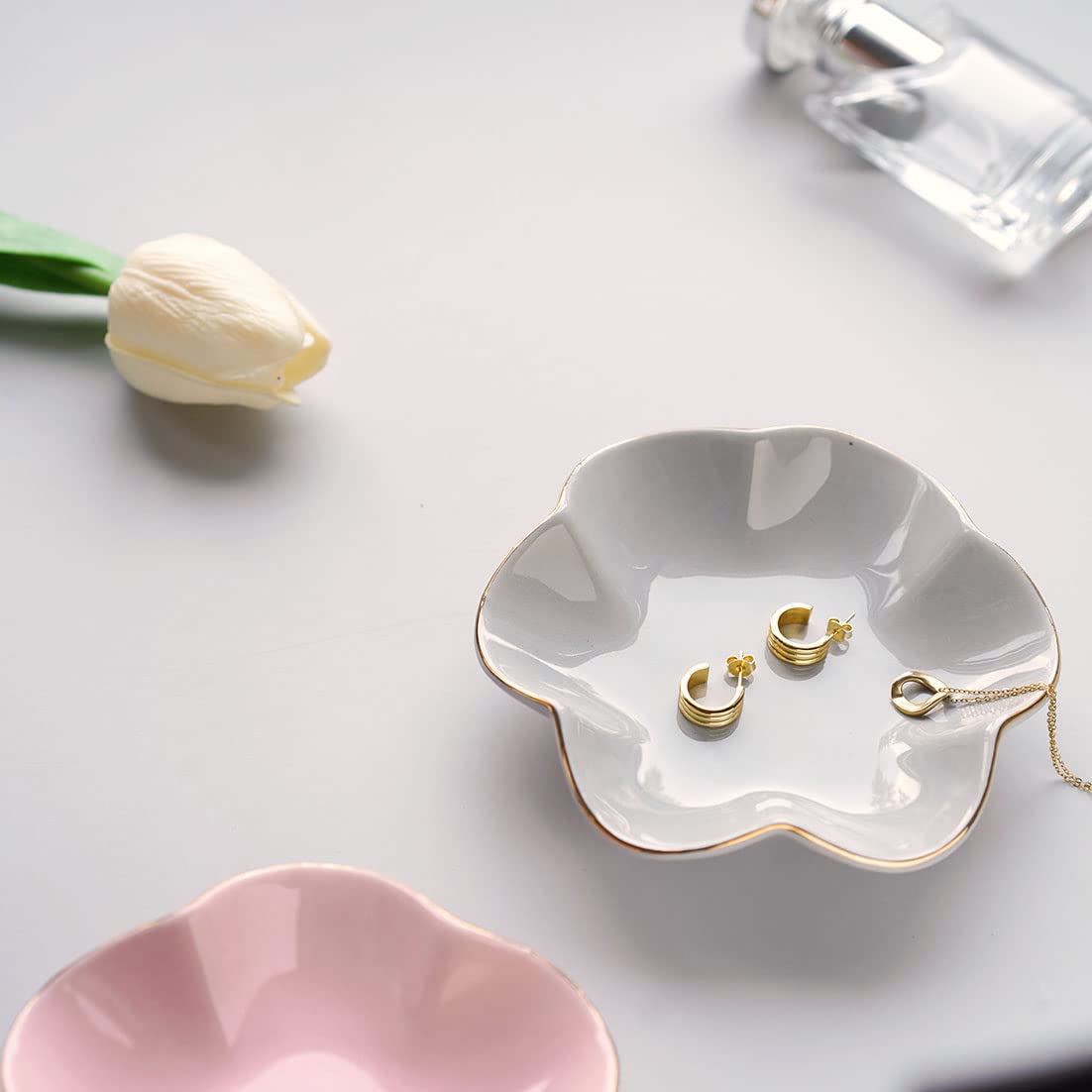 Flower Ring Dish Tray – Decorative Glass Jewelry Holder For Earrings, Keys, Trinkets (Grey) - View #5
