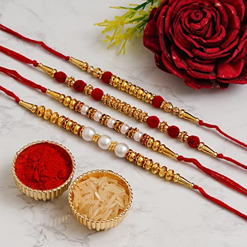 Image of eCraftIndia Set of 4 Rakhi Combo Hamper | Red Golden & White Beads Pearl Diamond Designer Rakhis