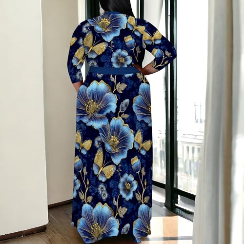 Image of SUZONANA Plus Size Maxi Dresses for Curcy Women Casual Loose 3 /4 Sleeve Long Dress with Belt