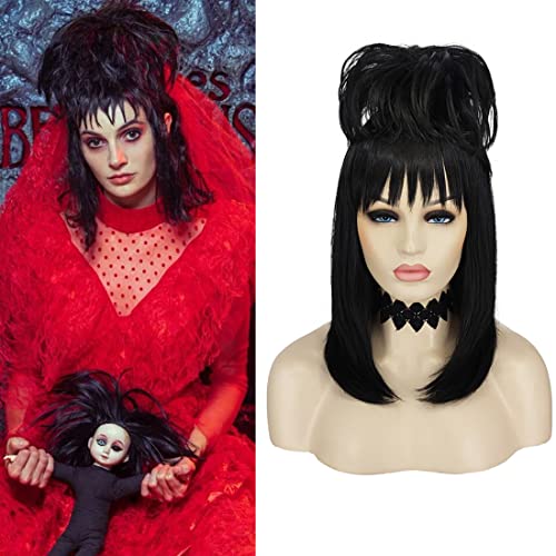 Mildiso Lydia Deetz Wig with Necklace Black Wigs for Beetlejuice Lydia Deetz Costume Cute Hair Wigs for Party M114BK