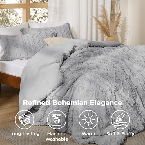 Image of Bedsure Tufted Boho Comforter Set Twin Size - Light Grey Boho Bed Set, GentleSoft 2 Pieces Farmhouse-Style Embroidery Bedding, Gifts for Woman, Soft Jacquard Kids' Twin Comforter for All Seasons