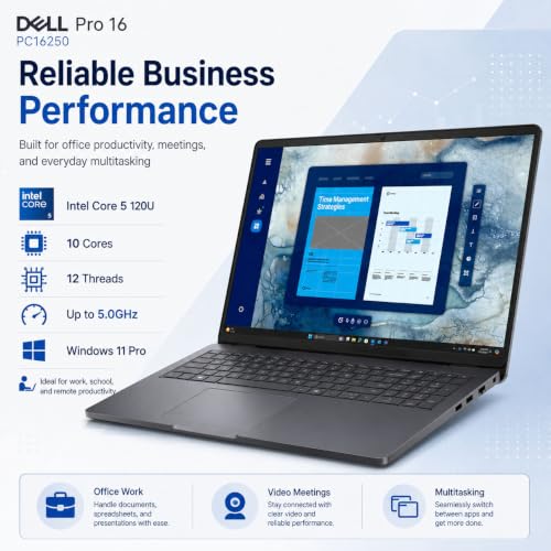 Image of Dell Pro 16 PC16250 Business Laptop, Intel Core 5 120U, 16 inch WUXGA IPS Anti-Glare Display, 16GB DDR5 RAM, 512GB PCIe NVMe SSD, Backlit Keyboard, Thunderbolt 4, RJ-45, Windows 11 Pro