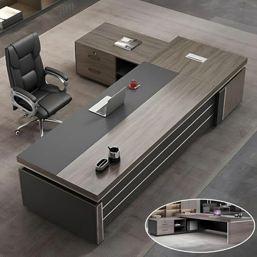 Domesto L-Shape Modern Executive Desk, L-Shape Office Executive Desk, Locking Drawer, Cord Management, Modern Wood Computer Writing Desks for Office (Left Sideboard, 79" L x 63" W x 29.5" H)