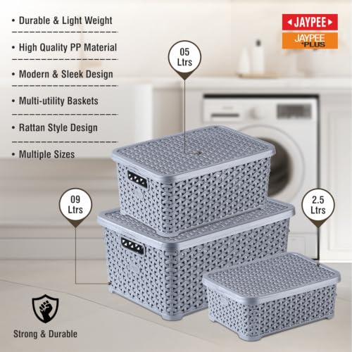 Image of Jaypee Plus Keep all 3 Plastic Storage Basket Organizers With Lid For Kitchen,Fridge, Office Wardrobe, Stationery, Household, Toys & Multipurpose use Pack of 3 Durable Box, Silver