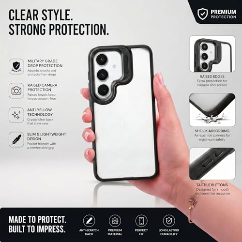 Image of amazon basics Frosted Matte Case for Samsung Galaxy S24 5G | Built-in Flip-Out Camera Lens Stand | Translucent Back with Contrast Black Bumper | Shockproof Protective Cover with Foldable Kickstand