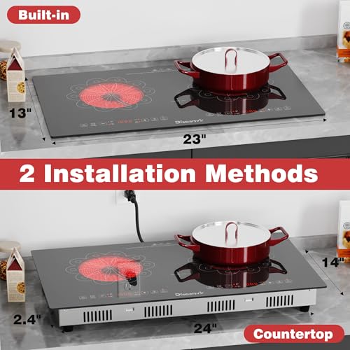 Image of 2 Burner Electric Cooktop - 24 Inch Electric Stove Built-in(23 inchx13 inch) and Countertop(24 inchx14 inch), Two Burner Ceramic Cook Top with Child Lock, Timer, Sensor Touch Control, 110V Plug in