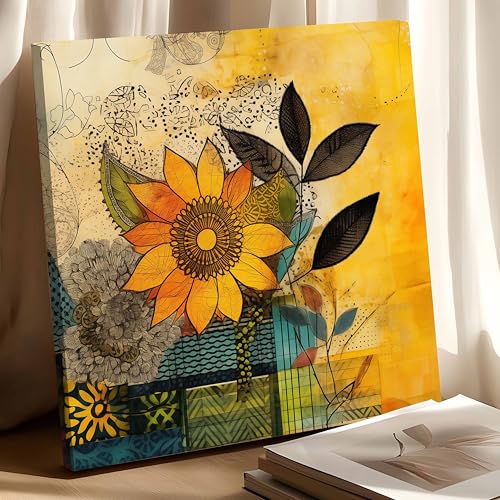 Image of PAINTINGMANTRA Abstract Floral Artwork Stretched Canvas Painting for Living Room | Colorful Flower Canvas Wall Decor Art For Livingroom, Bedroom, Office, Hallways - 22x22 Inch