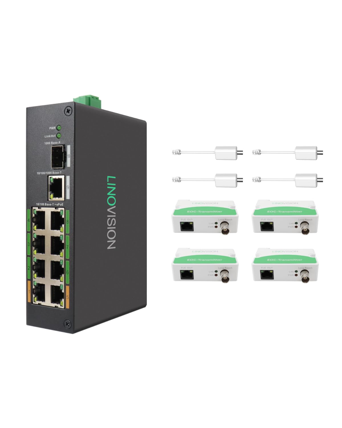 LINOVISION Conmutador EOC y POE industrial de 8 puerto con transmisor de 4 EOC, PoE de largo alcance sobre cable coaxial o UTP, cableado simplificado, actualización del sistema analógico al sistema IP