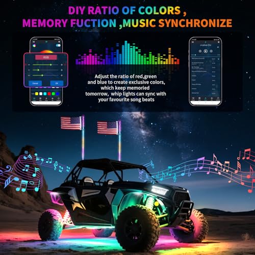 Image of 2PCS 3FT LED Whip Light and 8 Pods Rock Light Kit with Spring Base, Switch, Remote and App Control,Universal for UTV ATV RZR Polaris SXS Can-Am