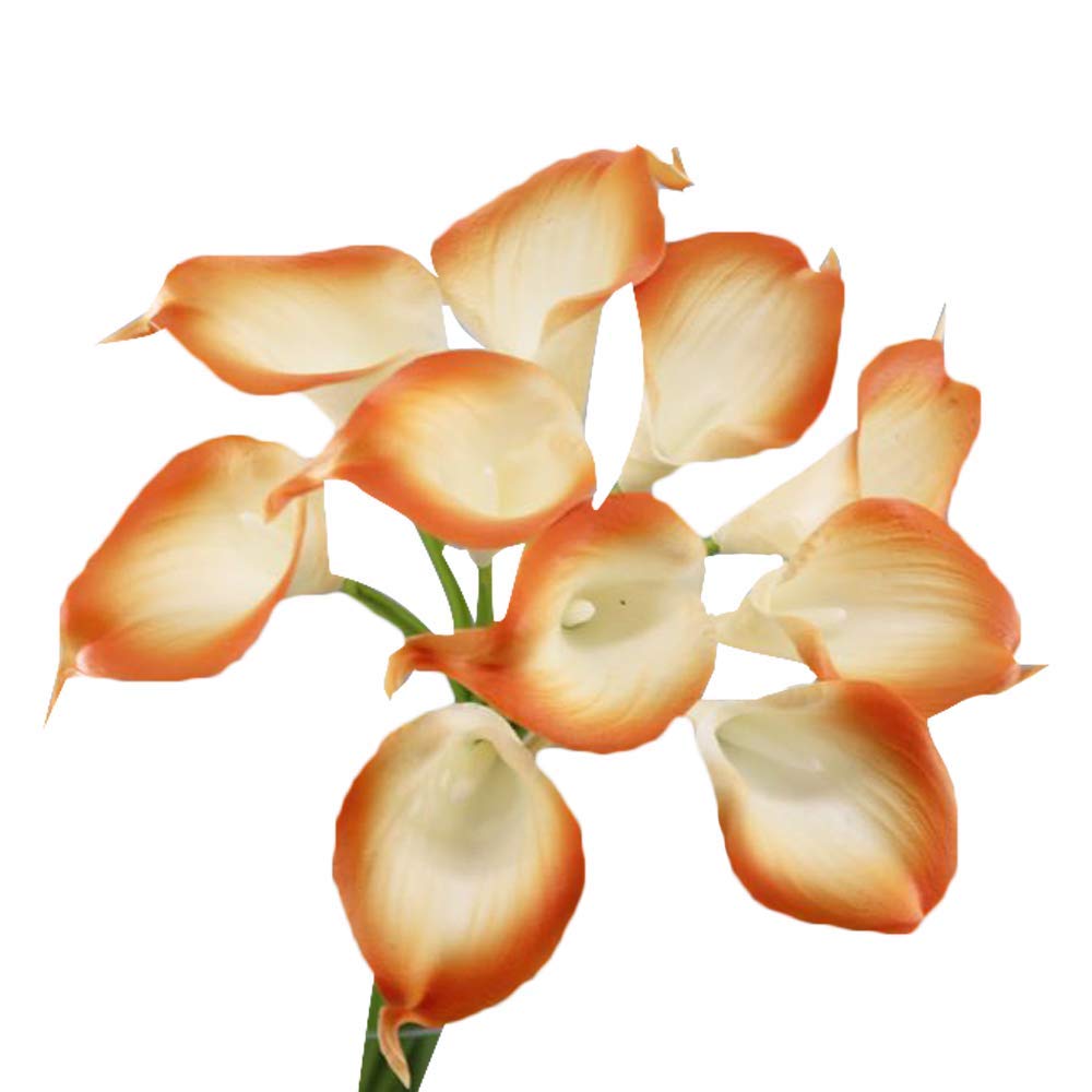 Angel Isabella Real Touch Calla Lily Artificial Flowers — Perfect for a Wedding, Prom, Christmas or Home Decor — Great as a Boutonniere, Corsage or Centerpiece - 10 Stems, Orange Trim