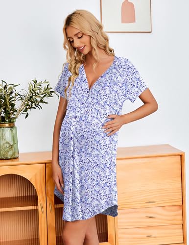 Image of Ekouaer 3 Pack Women's Nightshirt Button Down Nightgown Short Sleeve Sleepshirt V Neck Pajama Dress with Pockets