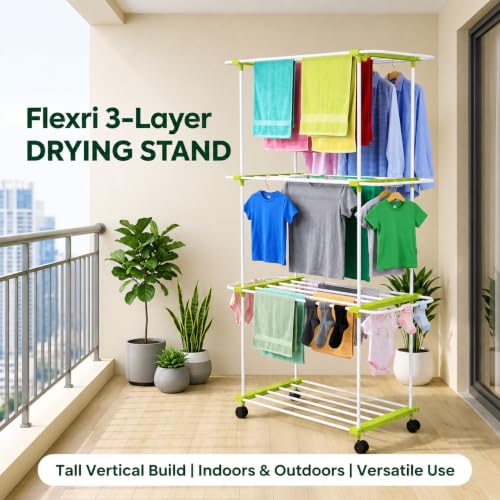 Image of FLIPZON Premium 3 Tier Flexri Cloth Drying Stand with Wheels | Alloy Steel Laundry Rack for Indoor & Outdoor Use | Heavy Duty Multi Layer Stand for Family Laundry (Green & White)