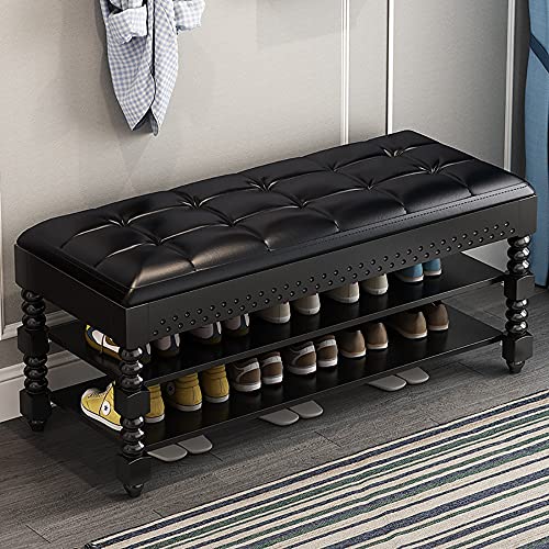 Banco de almacenamiento de zapatos de entrada con asiento de cuero, organizador de zapatos de 2 niveles para vestíbulo, dormitorio, sala de estar, muebles decorativos con baúles de almacenamiento,