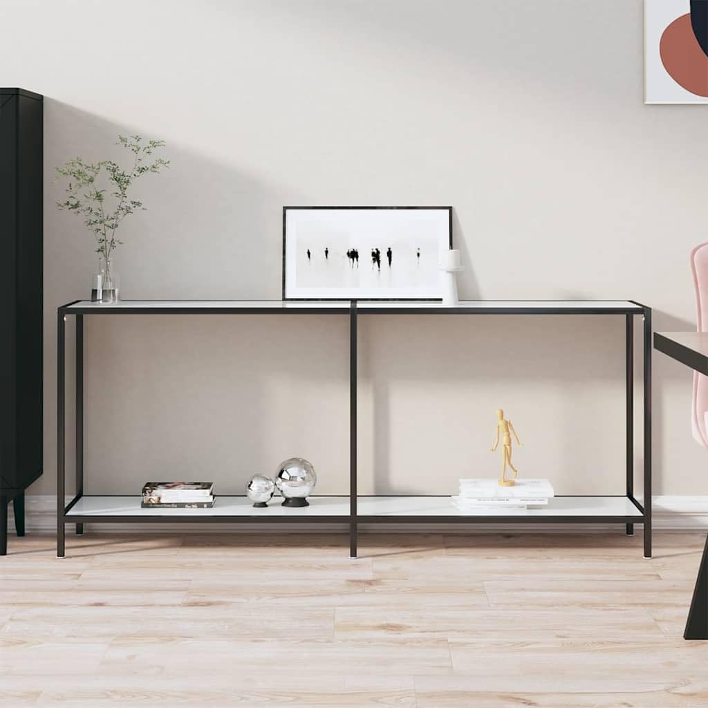 SXZenSpace Console Table White 180 x 35 75.5 cm Tempered Glass & Steel Frame Slim Modern Hallway Sofa Side for Living Room Bedroom Entryway