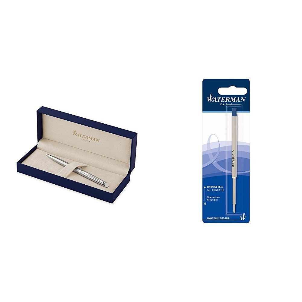 Waterman Hémisphère Acier Attributs Chromés Stylo Bille Pointe Moyenne - Dans son écrin + Waterman Recharge Stylo Bille, Pointe Moyenne, Encre Bleue (S0944490) Bundle