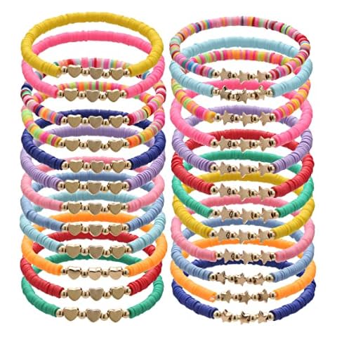 Cooluckday Heishi Surfer Bracelets for Women Vsco Boho Beaded Bracelet Friendship Polymer Clay Rainbow Bracelet Stack Vinyl Disc Stackable Bracelet (StarHeart) Cover