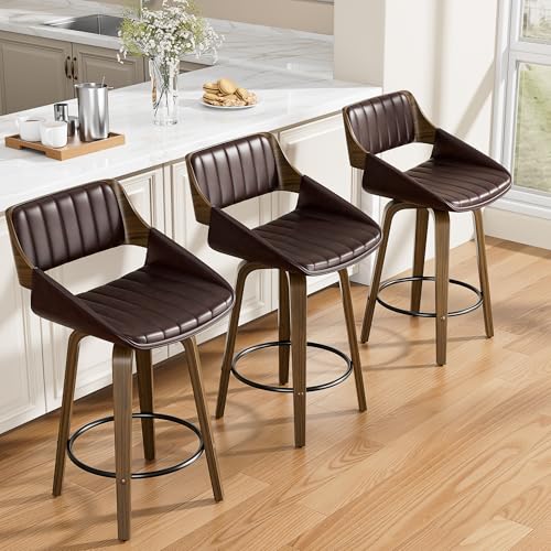 Image of YaFiti Bar Stools Set of 3, 26 inch Swivel Counter Height Barstools with Bentwood Back and Legs, Mid Century Modern Upholstered Faux Leather Counter Stools for Kitchen Island, Bar, Dining Room, Brown