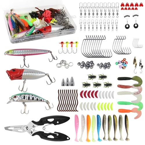 Vaskula 155 Pièces Leurres de Pêche Kit avec Boîte Leurres Souples Popper, Souples Jigs Spinnerbaits pour Leurre Souple Truite Leurre Brochet Leurre Souple...