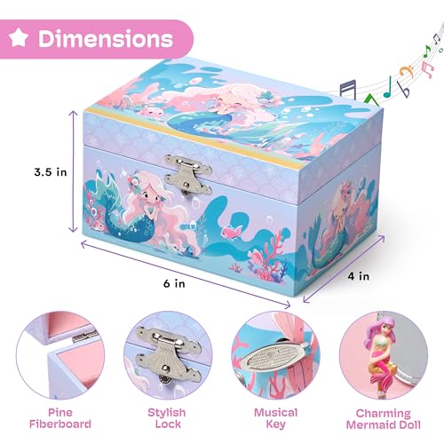 Image of Jewelkeeper Girls Musical Jewelry Box, Mermaid Style | Durable Pine Fiberboard, Soft Pink Lining, The Beautiful Dreamer Tune, 6x4x3.5in
