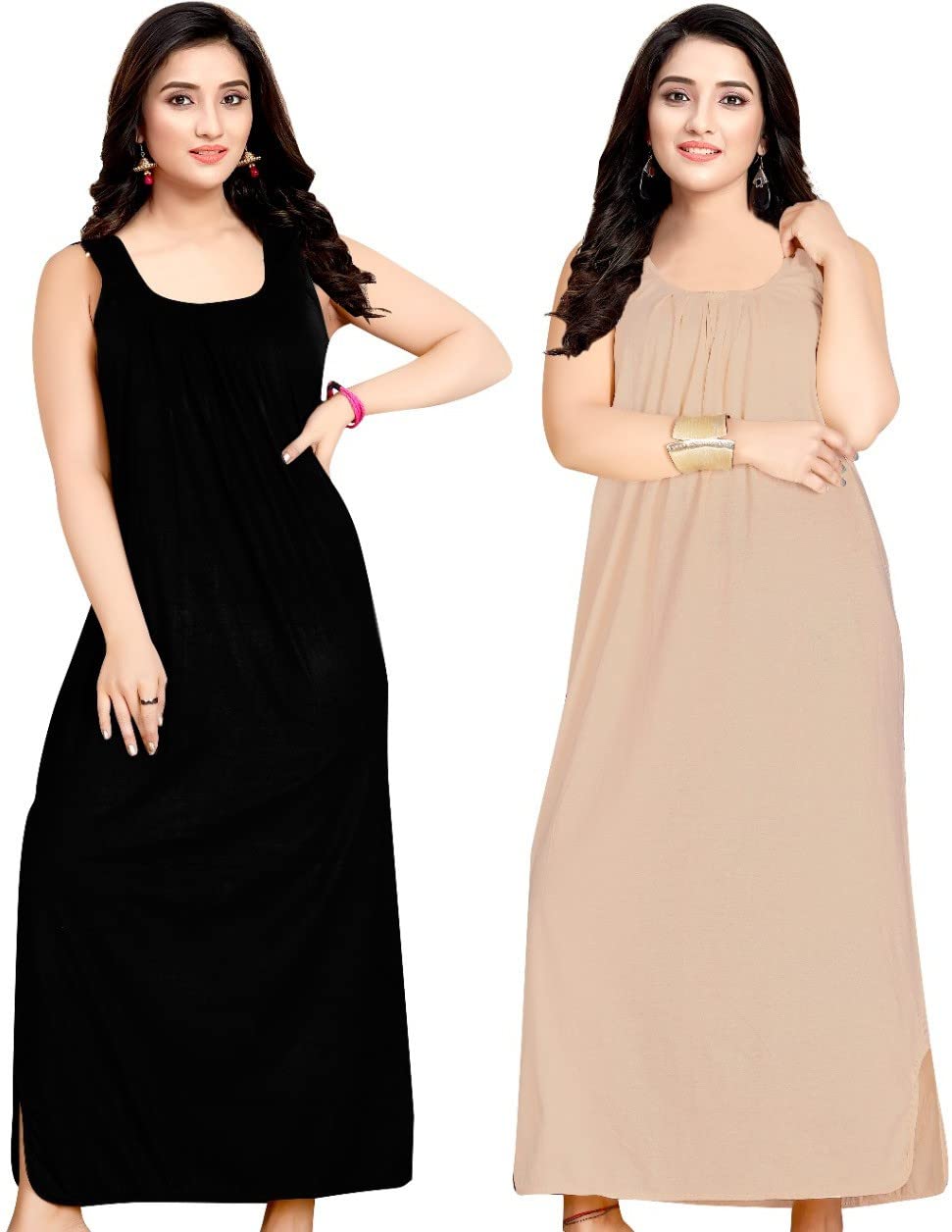 brouzzz4u Women's Hosiery Cotton Maxi Nighty for Women Sleeveless Midi Slip Nightgown Nightdress Sleepwear Camisole Chemise Solid Petticoat Nighty for Women (Free Size_Black & Skin_Pack of 2)-picture-46