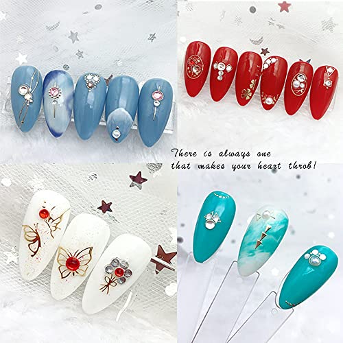 Nail Stickers Art Luxury Diamond Set 8 Sheets 3D Self-Adhesive Heart Decals Rhinestones Design Gold Line Glitter Gems Pink Blue Red Colorful And 1 Pcs Tweezer (Gloup E) #TOP3
