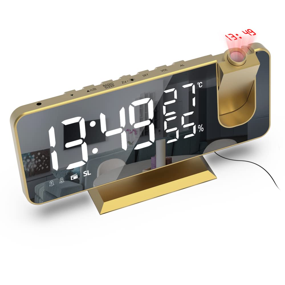 Projection Digital Alarm Clock for Bedrooms, Digital Clock Radio with 180° Projector, 7.5 Inch Large Mirror LED Display Loud Alarm Clock, Projection Clock for Bedroom Office with USB Port (Gold)