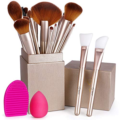 BESTOPE Makeup Brushes Set with 2PCs Silicone Face Mask Brush 1 Makeup Sponge and 1 Brush Cleaner Premium Synthetic Foundation Brushes Blending Shadows, Champagne gold