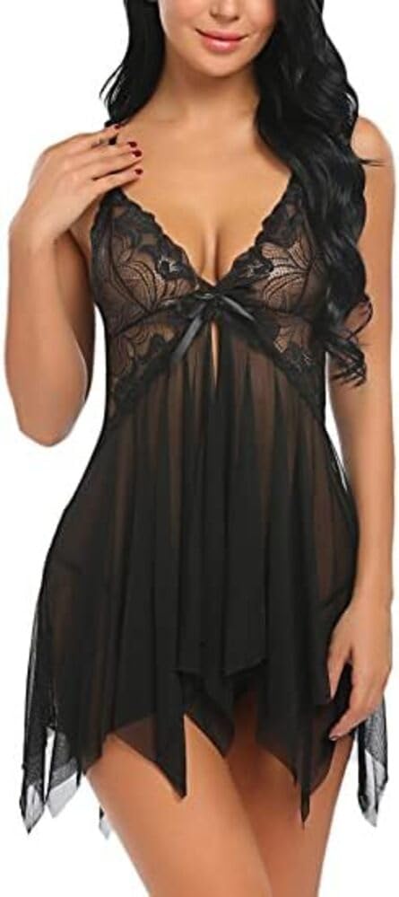 Sexy Lace Lingerie for Women's Babydoll Backless Mesh Nightwear Chemise Nightie Naugthy Sleepwear Flower Pattern | Black | Free Size-image-36