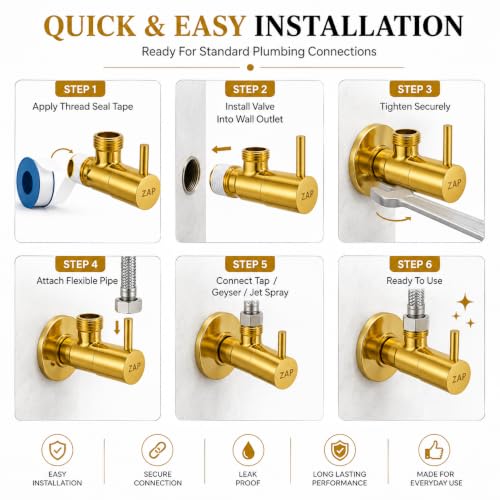 Image of ZAP Bathroom Angle Valve Pack of 6 | 100% Brass Angle Cock with Wall Flange | Gold Finish Stop Valve for Basin Tap, Geyser, Health Faucet & Jet Spray | Rust & Corrosion Resistant