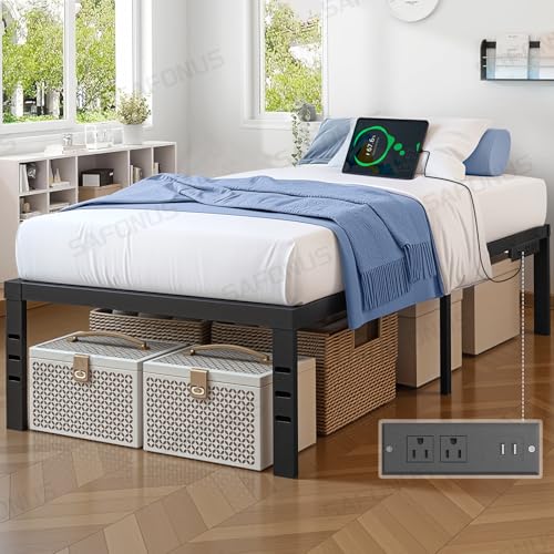 El Mejor Listado de Base para Cama Individual Con Cajones - los más vendidos. 49 SAFONUS Marco de Cama de Metal de Plataforma Simple y atmosférica, Espacio de Almacenamiento Debajo de la Cama, Marco Resistente (Individual con Enchufe)