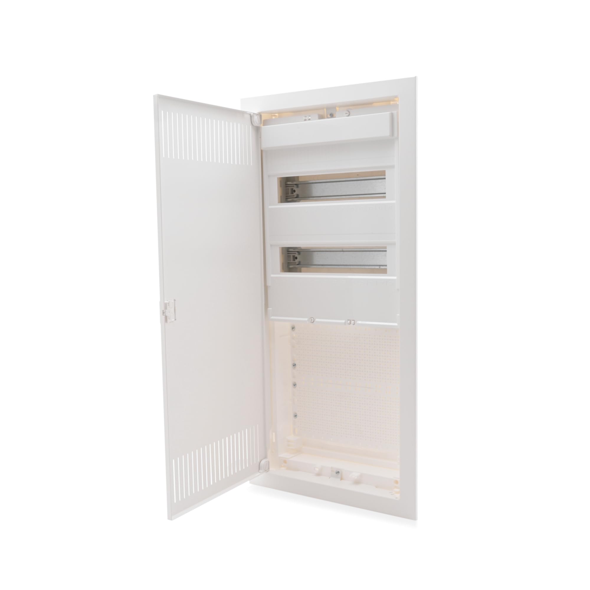 Intratec distributore multimediale e quadro di sicurezza combinato a incasso, IP30, 717x346x92 mm, 2 file, 24+4 moduli, porta in acciaio bianco RAL 9003, ripartitore di comunicazione