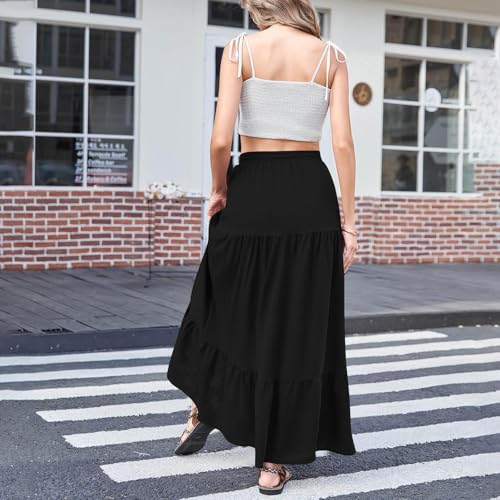 HGps8w Women's 2025 Summer Boho Linen Slit Flowy Maxi Skirt, Trendy Elastic Waist A Line Tiered Beach Long Skirts4
