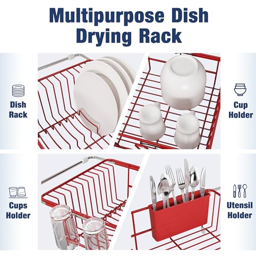 Image of JASIWAY Red Dish Drying Rack in Sink, Dish Drainer with Utensil Holder