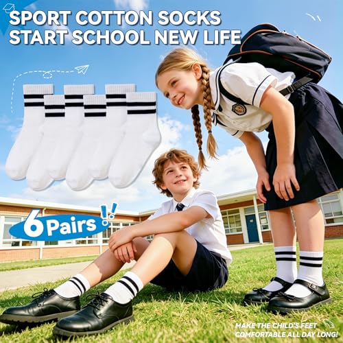 Image of Eyean Kids Athletic Crew Socks Boys Girls Cotton School Uniform Casual Basic Socks 6 Pairs