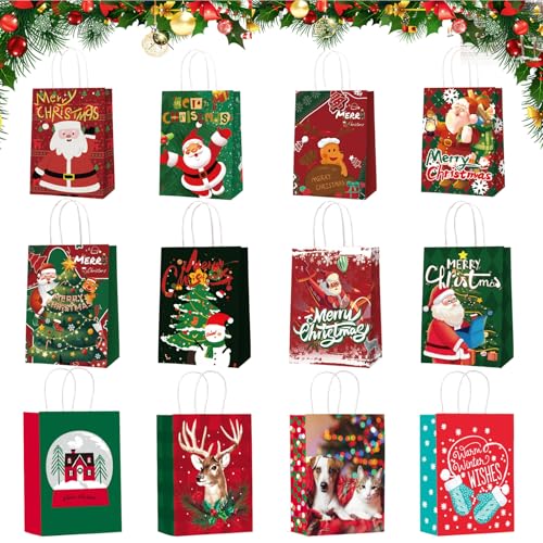 Wonvify Lot de 12 sacs cadeaux de Noël avec anse, sacs en papier kraft