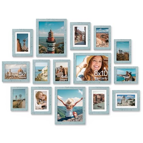 Image of Vittanly 15 Pack Picture Frames Collage Wall Decor for Mounting or Tabletop Display, Gallery Frame Set for Family, Multi Sizes Including 3pcs 8x10, 6pcs 5x7, 6pcs 4x6, Rustic Blue