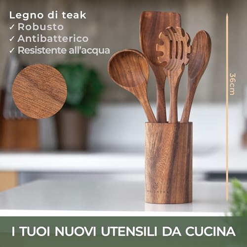 WALDWERK Set di Utensili da Cucina in Legno di Teak â Set da 4 Pezzi con Spatola, Cucchiaio, Mestolo per Pasta e Supporto â Cucchiaio da Cucina in legno â Spatola in legno - immagine 5