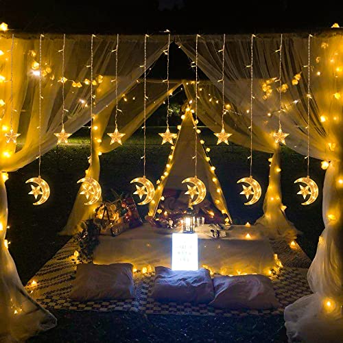 Funpeny Solar Star And Moon Fairy String Lights 138Led 8 Lighting Modes Outdoor/Indoor Waterproof Twinkle Curtain Light For Backyard Garden Patio Home Ramadan Decoration #TOP5