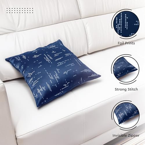 Image of Encasa XO Silver Foil Cushion Covers, Pillow Cases, No Inserts Navy | 16 inchx16 inch | Heavyweight Satin Weave | Concealed Zipper | Machine Washable | Set of 2