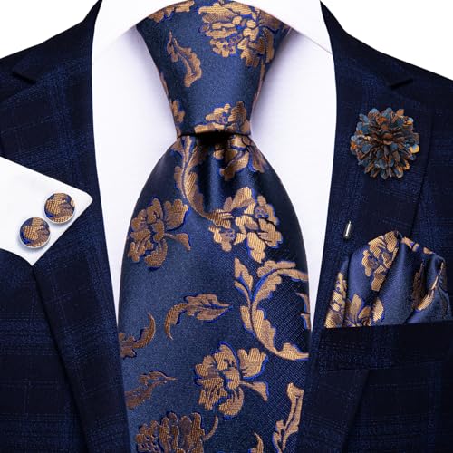 Image of Hi-Tie Mens Paisley Floral Striped Ties Set Silk Necktie and Lapel Pin for Men Pocket Square Cufflinks Set Business Wedding