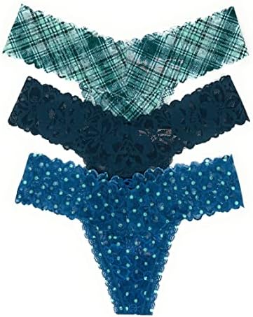 Victoria's Secret The Lacie Thong Panty Set of 3 Small Green Aqua Plaid / Emerald / Sapphire Dot