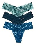 Victoria's Secret The Lacie Thong Panty Set of 3 Small Green Aqua Plaid / Emerald / Sapphire Dot
