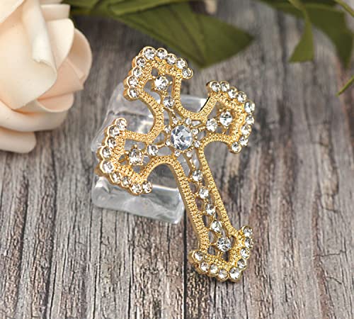 Gyn&Joy Golden Tone Clear Crystal Rhinestones Holy Cross Brooch Pin #TOP3