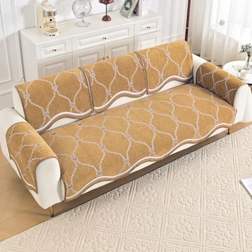 Image of HOKIPO Complete (Seat+Back+Arm) Sofa Mat Set for 3 Seater Sofa |Premium Chenille Sofa Covers with Curve Edges, 'Serene Curves Series' - Love Trails (IN-997+1002+1001 * 2 - D2)