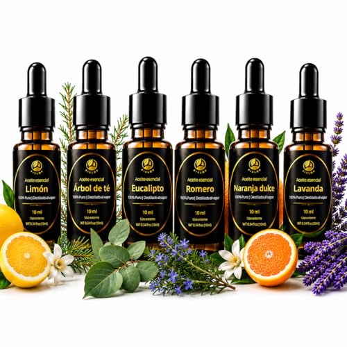 Pack 6 Aceites Esenciales Puros – Romero (Cabello), Lavanda (Sueño), Eucalipto (Gripe), Naranja, Tea Tree (Acné/Hongos) y Limón (Olor Frito) – 100% Natural – 10 ml × 6 - BISLOP
