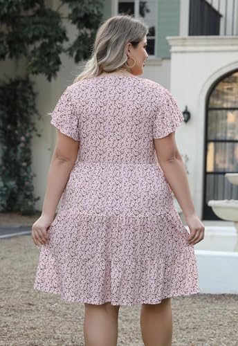 Image of Celkuser Womens Plus Size Summer Casual Midi Dress Short Ruffle Sleeve Tiered Empire Waist T-Shirt Dress with Pockets