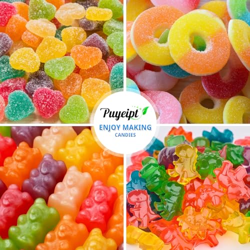 Image of Puyeipt 4 PCS Silicone Gummy Candy Molds, 201 Cavities Non-Stick Mini Size Gummy Bear, Dinosaur, Heart and Donut Molds with 2 Droppers for Small Hard Candies, Jello, Chocolates