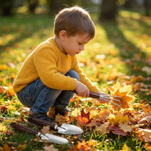 Image of Toddler Gardening Set with Small Shovel, Trowel and Rake | Stainless steel head and walnut wooden handle