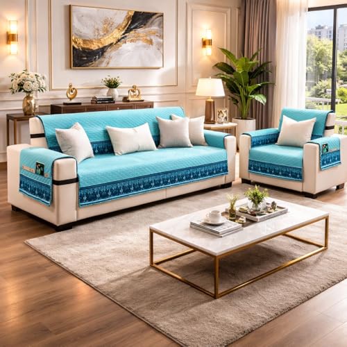 Image of KINGLY Sofa Cover 1 Seater Fully Covered | Stretchable Anti-Slip Slipcover | Washable Furniture Protector | Mint Blue | Set of 2 | Seat & Back |